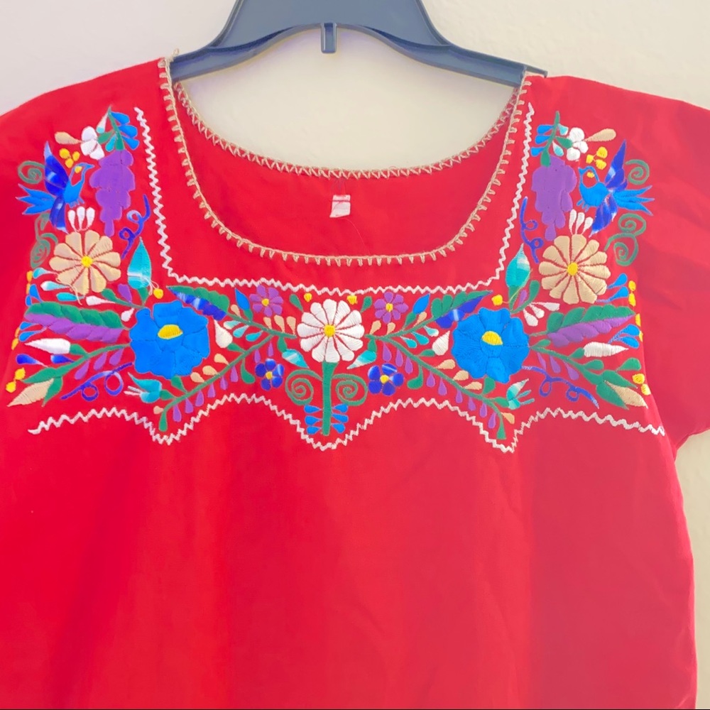Red floral embroidered Mexican linen top
